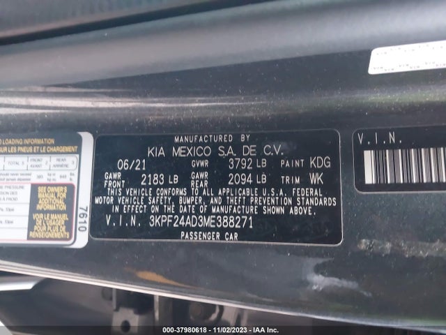 2021 KIA FORTE LXS VIN: 3KPF24AD3ME388271