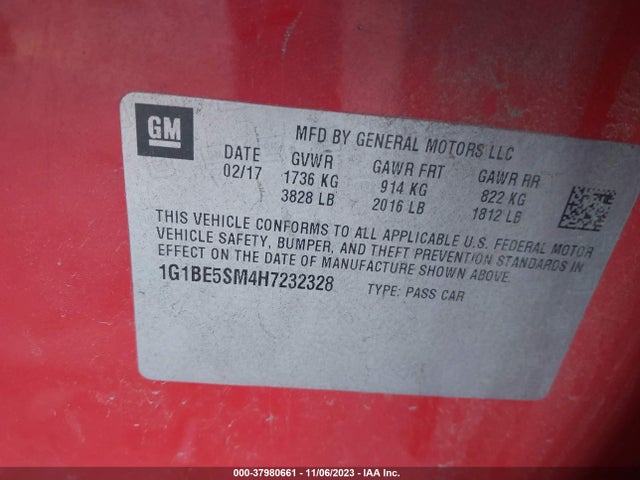 Chevrolet CRUZE LT 2017 1G1BE5SM4H7232328 Image 9