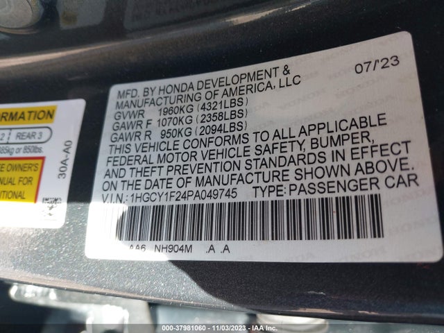 2023 HONDA ACCORD LX VIN: 1HGCY1F24PA049745