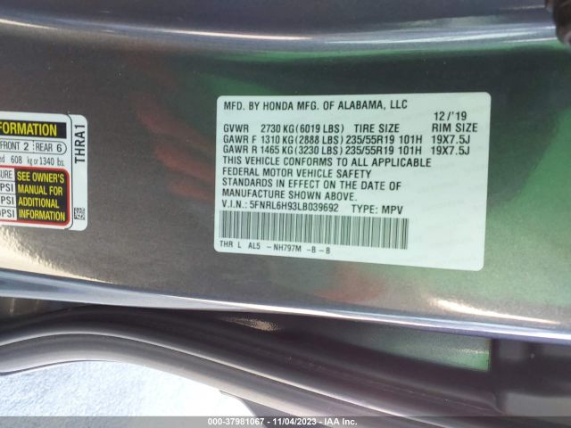5FNRL6H93LB039692 Honda Odyssey Elite