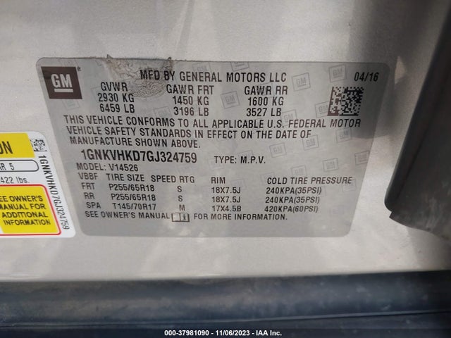 Chevrolet Traverse 2lt 2016 1GNKVHKD7GJ324759 Image 9