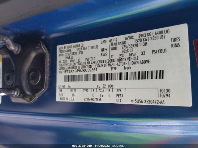 2018 FORD F-150 XL VIN: 1FTEX1CP0JKC39361