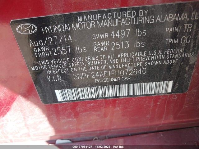 2015 HYUNDAI SONATA SE VIN: 5NPE24AF1FH072640