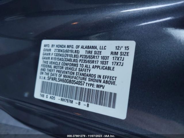 5FNRL5H60GB054057 Honda Odyssey Ex-l