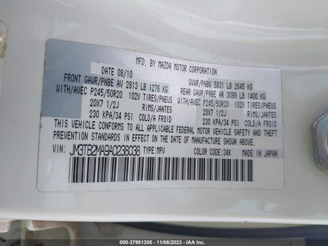 2010 MAZDA CX-9 GRAND TOURING VIN: JM3TB2MA9A0238038