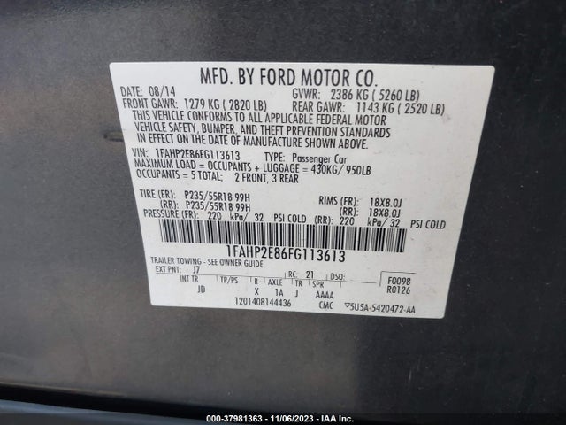 Ford TAURUS SEL 2015 1FAHP2E86FG113613 Image 9