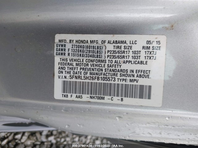 2015 HONDA ODYSSEY LX VIN: 5FNRL5H26FB105573