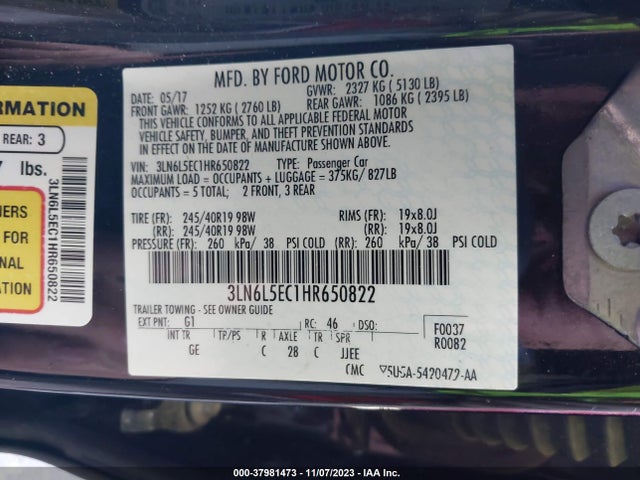 2017 LINCOLN MKZ RESERVE VIN: 3LN6L5EC1HR650822