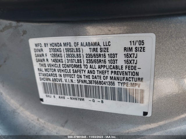 2006 HONDA ODYSSEY EX-L VIN: 5FNRL38766B041356