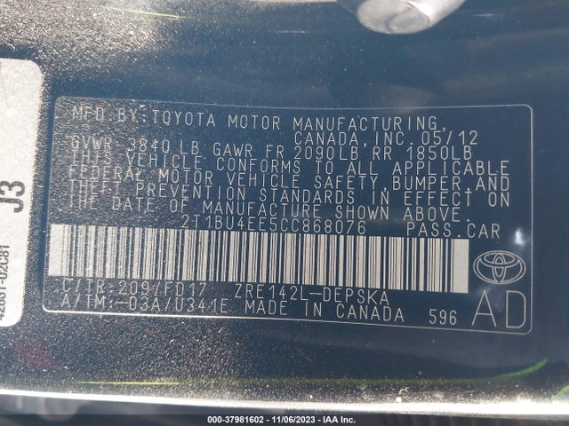 2012 TOYOTA COROLLA S VIN: 2T1BU4EE5CC868076