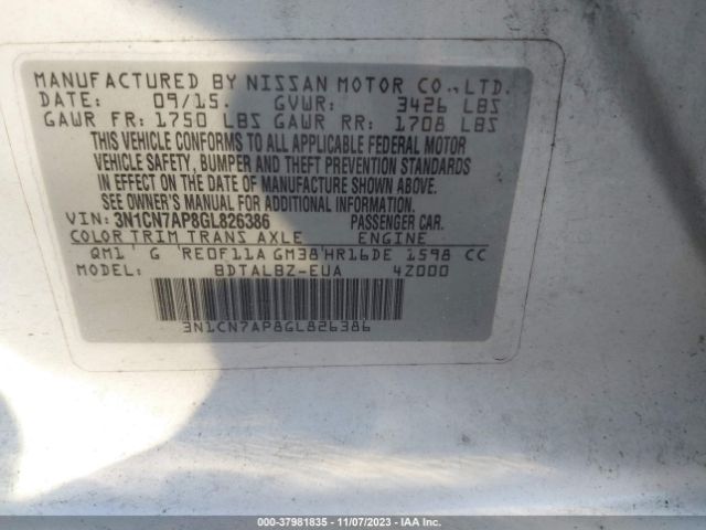 3N1CN7AP8GL826386 Nissan VERSA