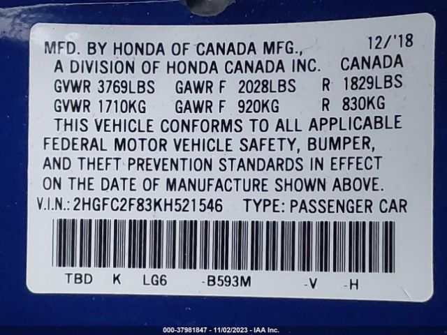 2HGFC2F83KH521546 Honda Civic Sedan Sport