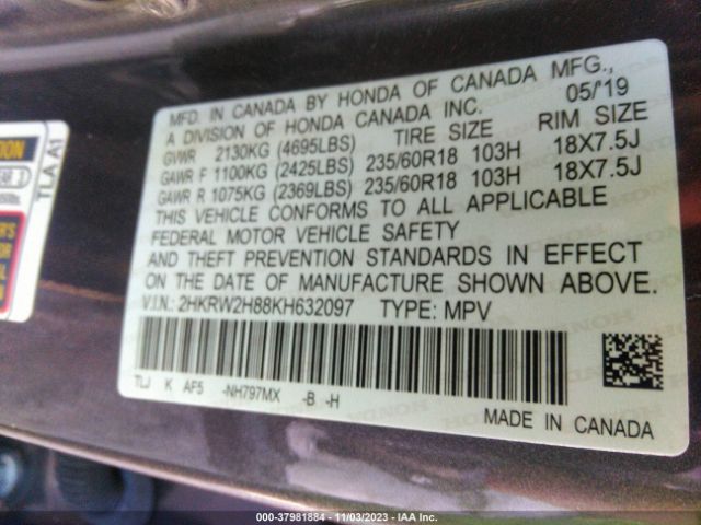 2HKRW2H88KH632097 Honda Cr-v Ex-l