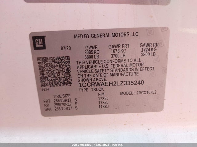 Auction sale of the 2020 Chevrolet Silverado 1500 2wd  Standard Bed Wt, vin: 1GCRWAEH2LZ335240, lot number: 37981892