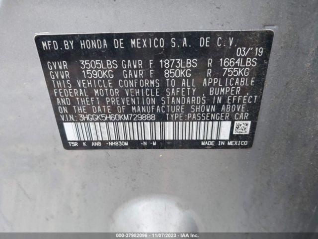 3HGGK5H60KM729888 Honda Fit Sport