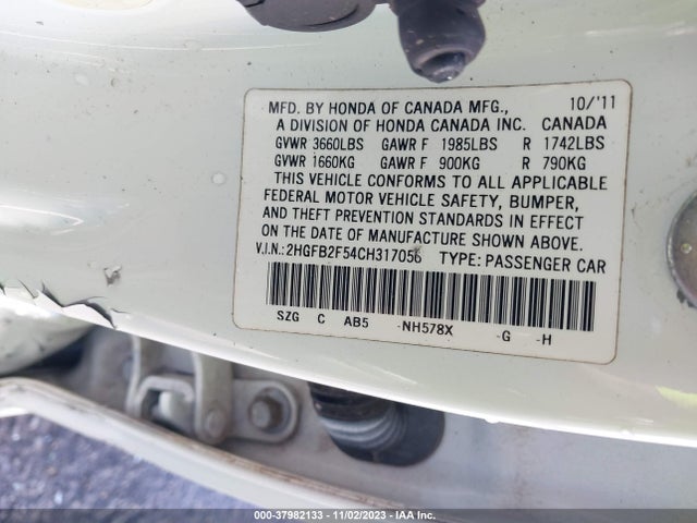 2012 HONDA CIVIC LX VIN: 2HGFB2F54CH317056