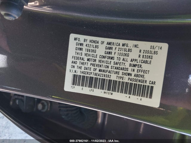 Honda ACCORD EX 2014 1HGCR2F78EA228592 Image 9