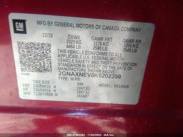 2019 CHEVROLET EQUINOX PREMIER VIN: 2GNAXNEV8K6202359