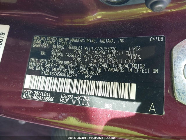 2008 TOYOTA SEQUOIA PLATINUM 5.7L V8 VIN: 5TDBY67A58S016979