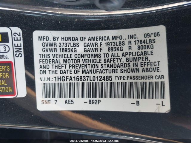 2007 HONDA CIVIC SDN EX VIN: 1HGFA16837L012485