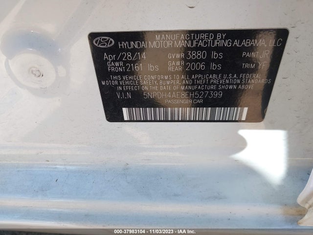 2014 HYUNDAI ELANTRA LIMITED VIN: 5NPDH4AE8EH527399