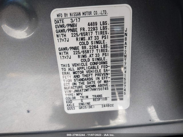 2017 NISSAN ROGUE S VIN: JN8AT2MT7HW150745