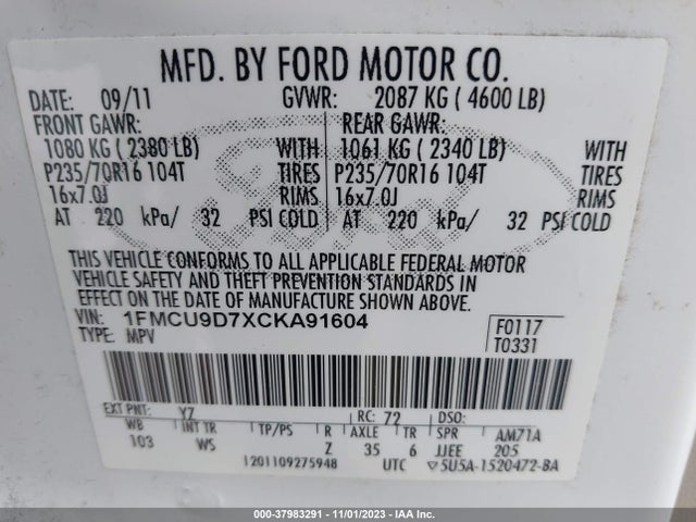 2012 FORD ESCAPE XLT VIN: 1FMCU9D7XCKA91604