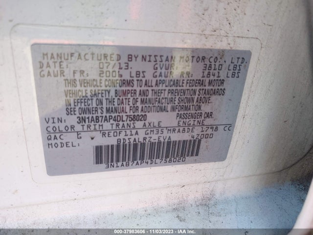 Auction sale of the 2013 Nissan Sentra Sr, vin: 3N1AB7AP4DL758020, lot number: 37983606