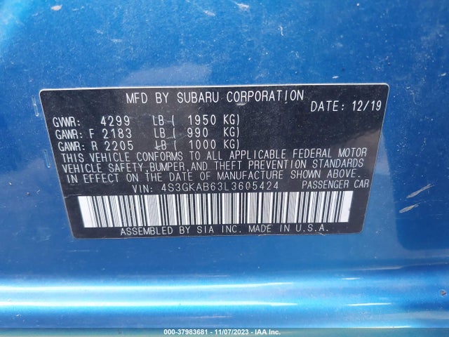 2020 SUBARU IMPREZA SEDAN VIN: 4S3GKAB63L3605424
