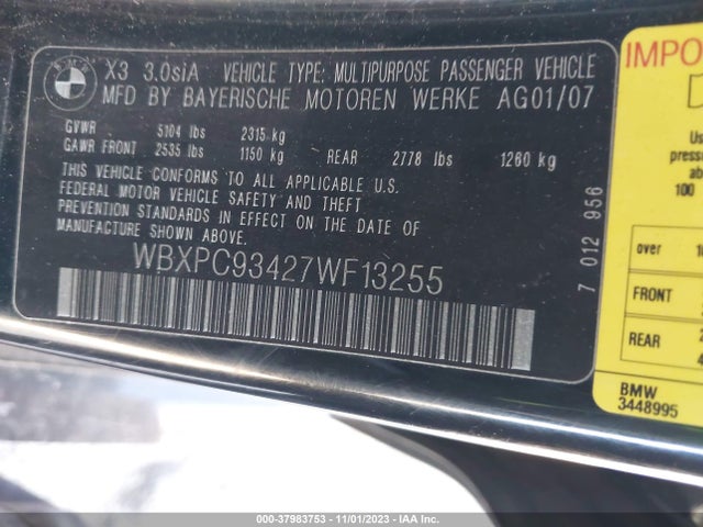 2007 BMW X3 3.0SI VIN: WBXPC93427WF13255