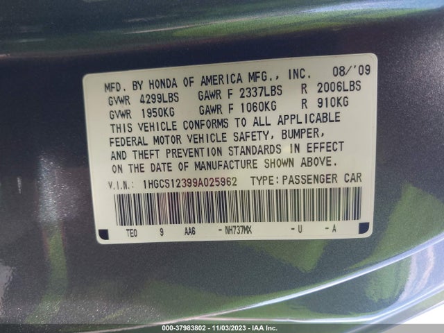 2009 HONDA ACCORD CPE LX-S VIN: 1HGCS12399A025962