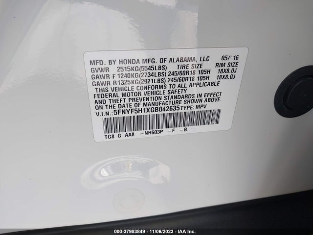 Honda PILOT LX 2016 5FNYF5H1XGB042635 Image 9