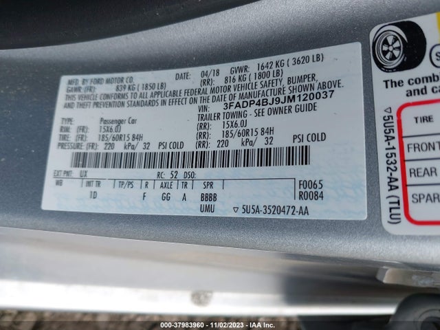 2018 FORD FIESTA SE VIN: 3FADP4BJ9JM120037