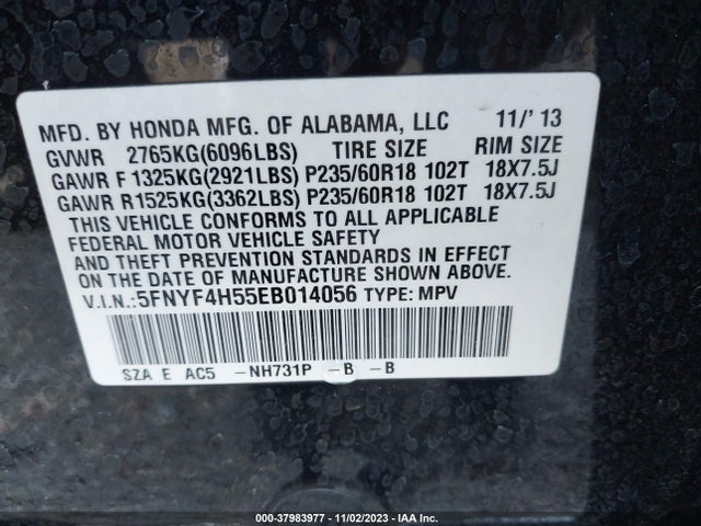 2014 HONDA PILOT EX-L VIN: 5FNYF4H55EB014056