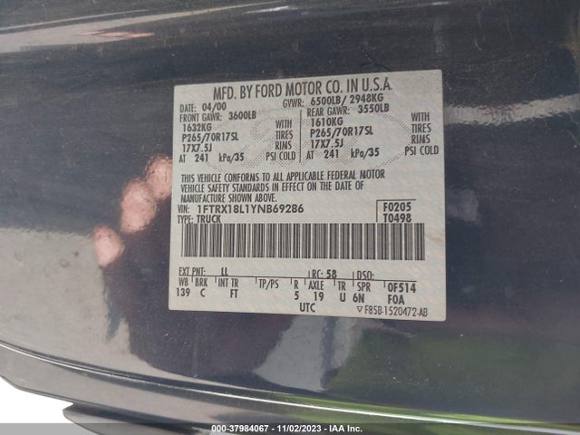 2000 FORD F-150 LARIAT/WORK SERIES/XL/XLT VIN: 1FTRX18L1YNB69286