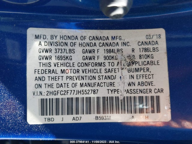 Honda CIVIC EX 2018 2HGFC2F77JH552787 Image 9
