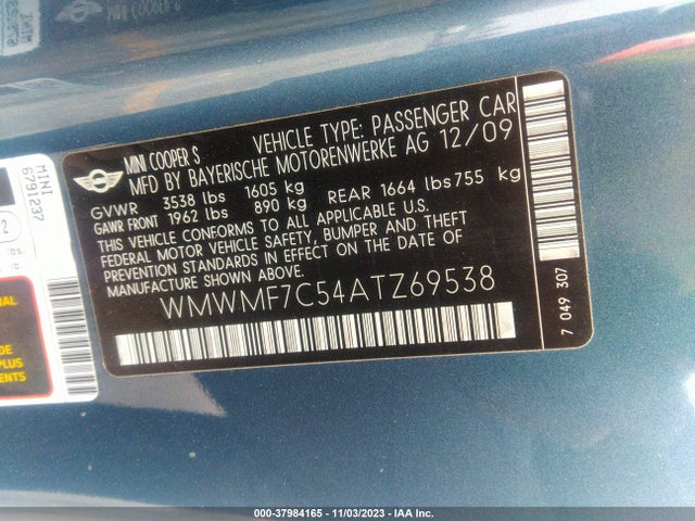 2010 MINI COOPER S WMWMF7C54ATZ69538 Photo 8