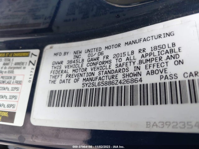 2006 PONTIAC VIBE VIN: 5Y2SL65886Z426864