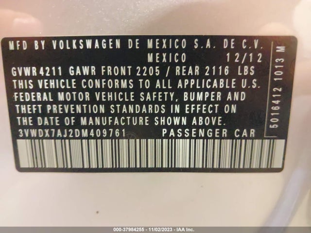 2013 VOLKSWAGEN JETTA 2.5L SE VIN: 3VWDX7AJ2DM409761