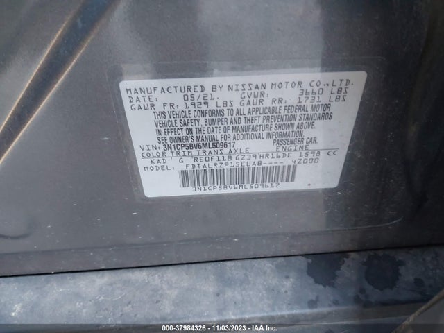 2021 NISSAN KICKS S XTRONIC CVT VIN: 3N1CP5BV6ML509617