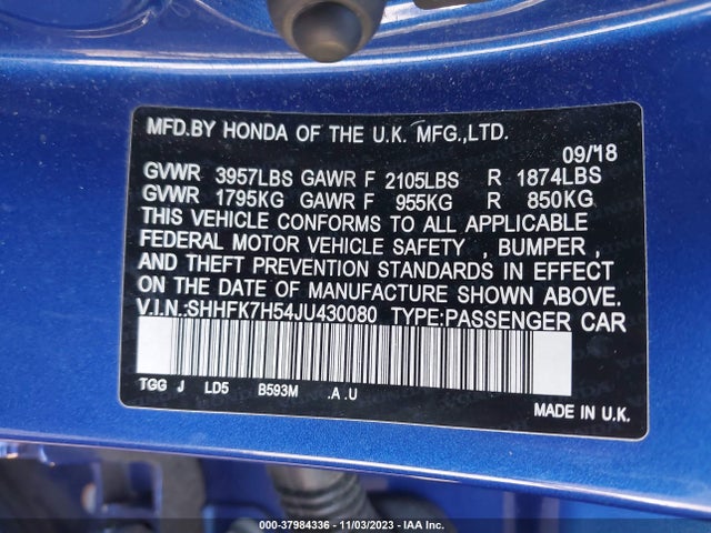 Honda CIVIC EX 2018 SHHFK7H54JU430080 Image 9