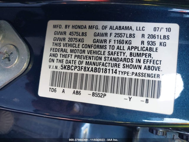 2010 HONDA ACCORD 3.5 EX-L VIN: 5KBCP3F8XAB018114