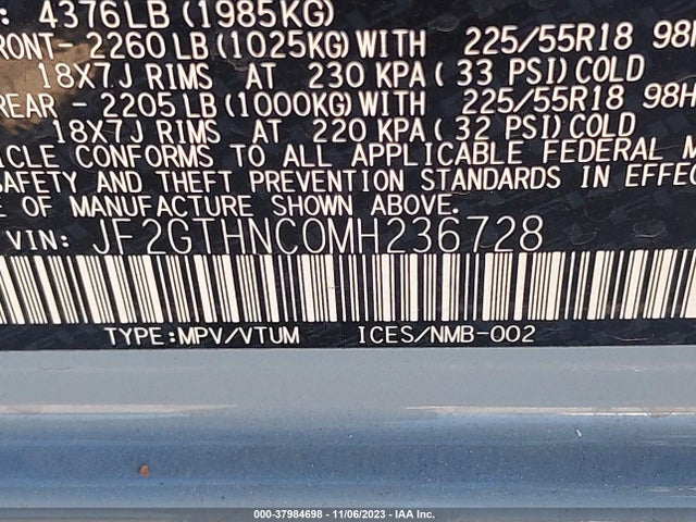 2021 SUBARU CROSSTREK LIMITED VIN: JF2GTHNC0MH236728