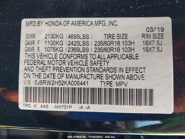 Honda CR-V EX 2019 5J6RW2H52KA006441 Image 9