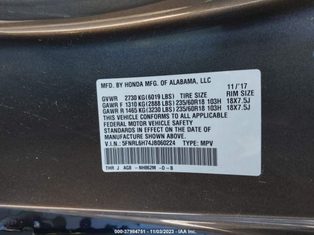5FNRL6H74JB060224 Honda Odyssey Ex-l