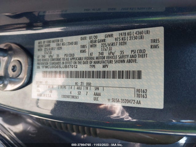 2020 FORD ESCAPE SE VIN: 1FMCU0G65LUB57012