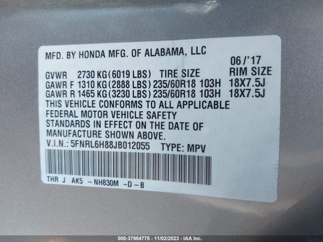 2018 HONDA ODYSSEY TOURING VIN: 5FNRL6H88JB012055