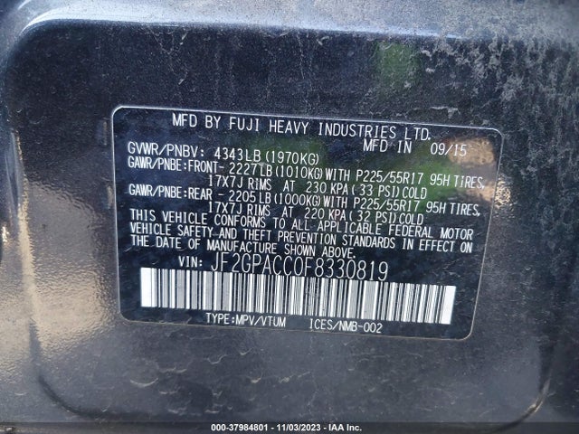 2015 SUBARU XV CROSSTREK 2.0I PREMIUM VIN: JF2GPACC0F8330819