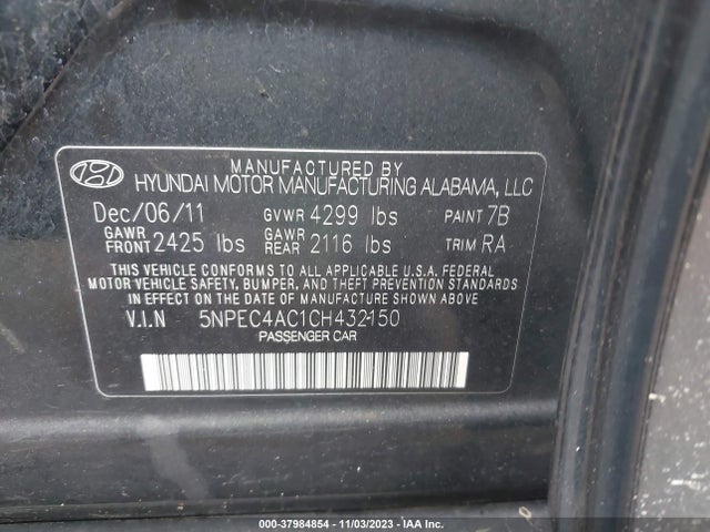 2012 HYUNDAI SONATA LIMITED VIN: 5NPEC4AC1CH432150