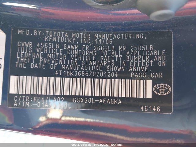 2007 TOYOTA AVALON XLS VIN: 4T1BK36B67U201204